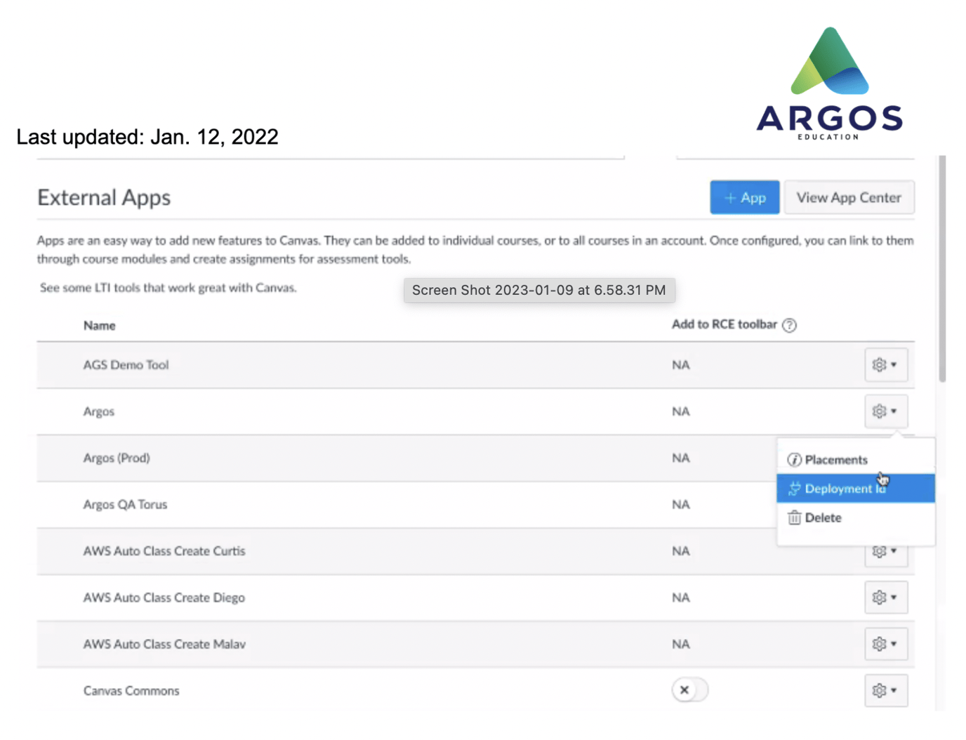 Argos Canvas LTI 1.3 Configuration
